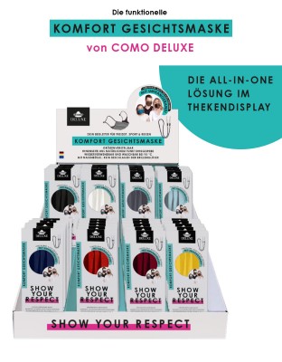 Thekendisplay mit COMO DELUXE Komfort Gesichtsmasken - 80 Stück (8 Farben à 10 Masken)